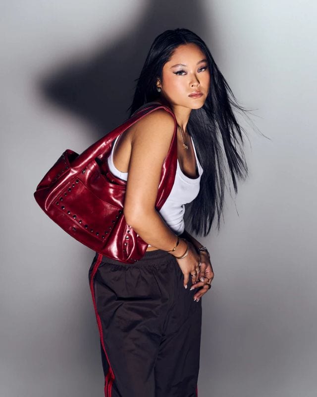 gvn medium studded hobo bag in burgundy
